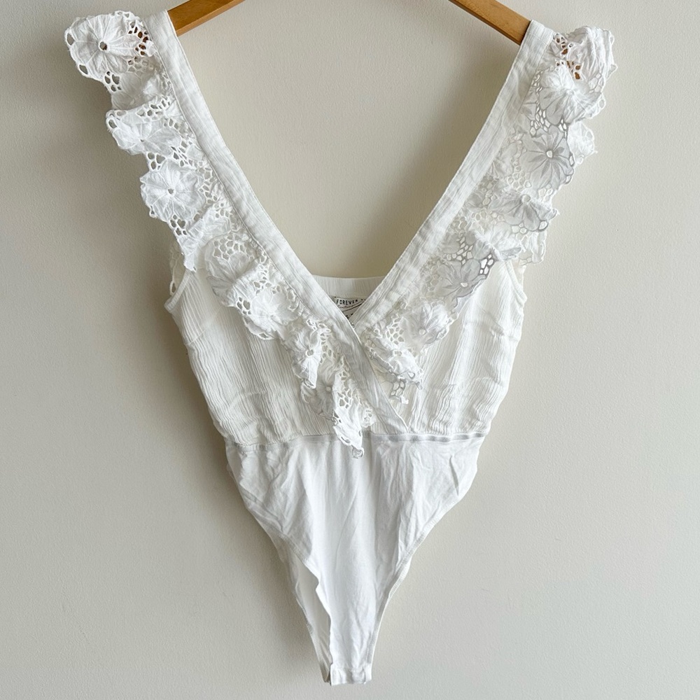White Embroidered Ruffle Trim Deep-V Bodysuit